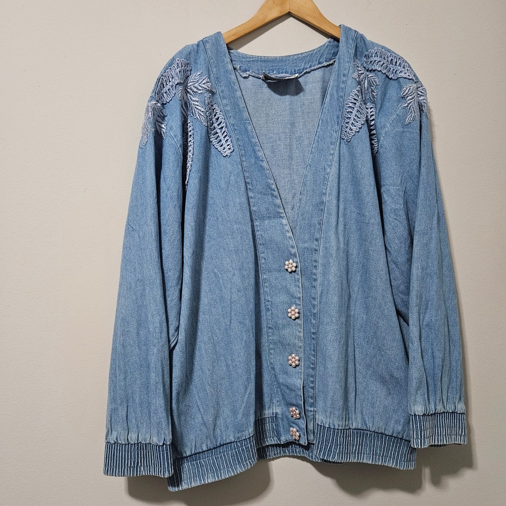 Saint Germain Paris Vintage‎ Denim Cardigan Leaf Embroidery Pearl Flower Buttons